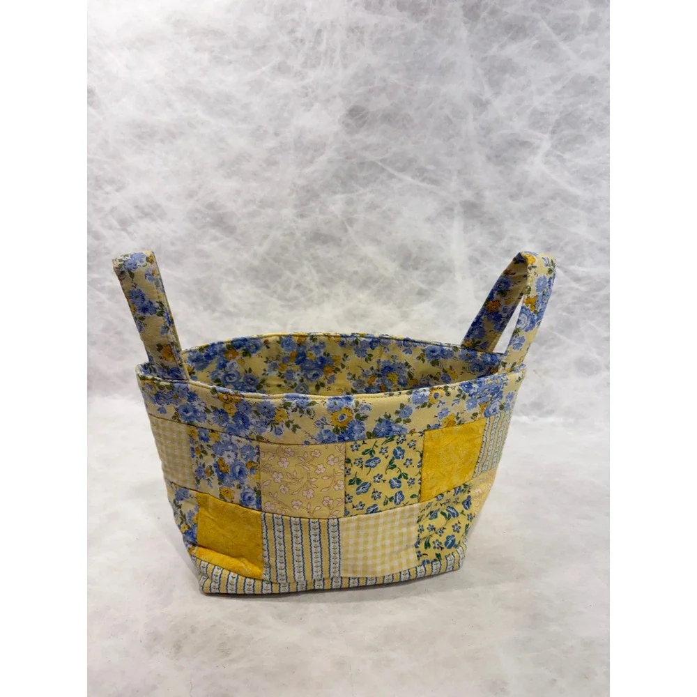 Vintage Quilted Patchwork Fabric Basket Yellow Blue Floral Gingham Storage Bin